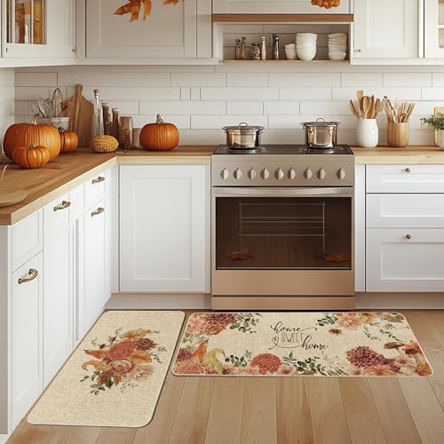 Fall Dahlia Pumpkin Kitchen Mats Set - 17 x 29 & 17 x 47 Inches, Thanksgiving Decor