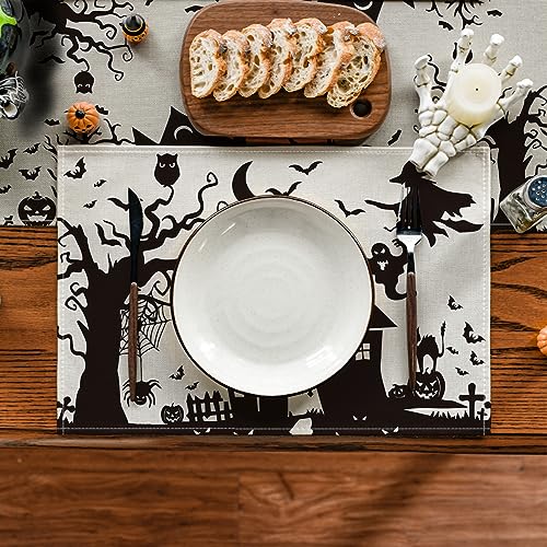 Halloween Haunted House Ghost Witch Placemats Set of 4 - 12x18 Inch Fall Holiday Table Decor, Rectangular Beige Variation