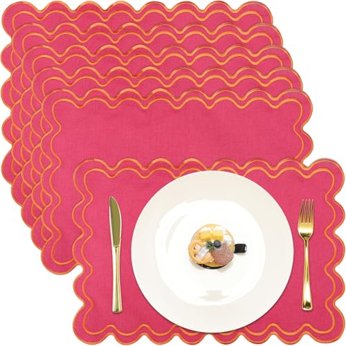 Pink & Orange Scalloped Placemats Set of 6 - Rectangular Dining Table Decor