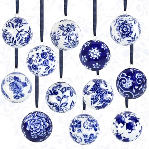 Blue Ceramic Christmas Ornament Balls - 12 Pcs Chinese Style Hanging Decor - Circular Variation