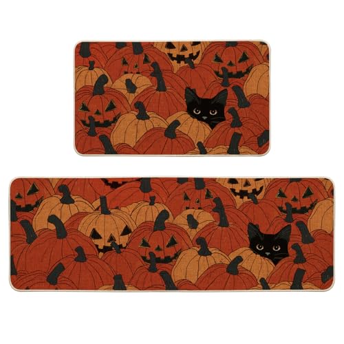 Cat Halloween Kitchen Mats Set of 2 - Non-Slip Decorative Floor Protectors