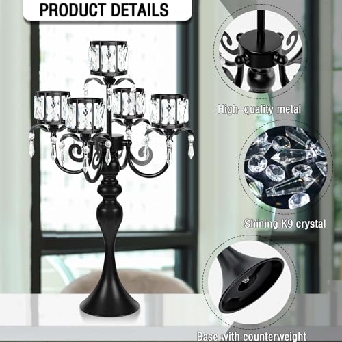 Crystal Candle Holder with Square Bowl - 22-Inch Black 5-Arm Centerpiece for Weddings & Events - Variation: Square-Crystal Bowl