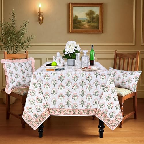 Ridhi Mughal Buta Peach Hand Block Print Cotton Tablecloth 90x60 Inch - Rectangular