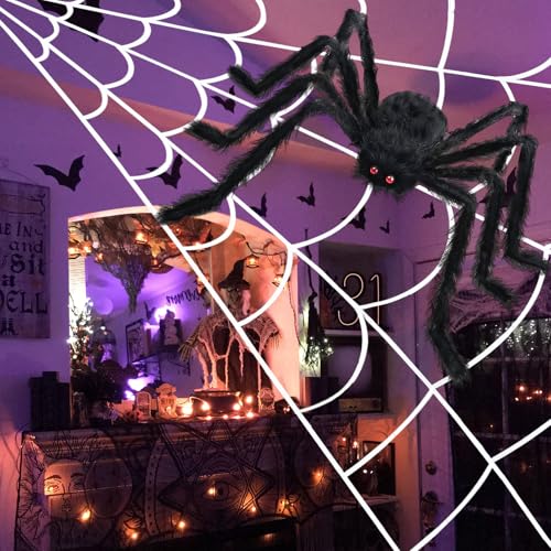 200-Inch Halloween Spider Web and 59-Inch Giant Fake Spider Decorations Outdoor Yard Indoor Party Decor