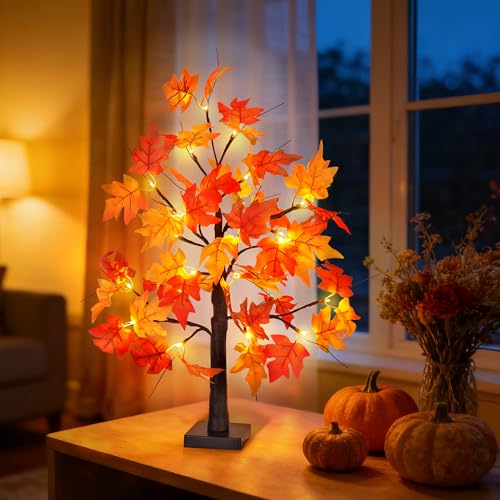1 Pack 24-Inch Lighted Fall Maple Tree with LED Lights, Battery Operated Autumn Tabletop Decor – Thanksgiving & Indoor Fall Centerpiece