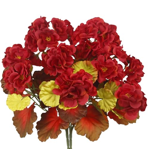 Fall Flowers Artificial Geraniums Set - Red Autumn Faux Decor, 2 Pcs