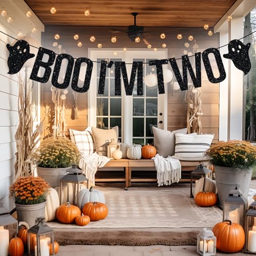 Two Boo I'm Two Banner Halloween Birthday Decorations - Black Glitter