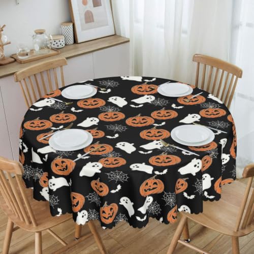 Halloween Round Tablecloth 60 Inch Pumpkin Ghost Spider Web Design - Dust-Proof & Wrinkle Resistant