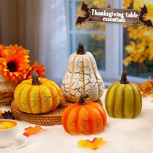 Fall Resin Pumpkin Figurines Set of 4 | Rustic Autumn Tabletop Decor