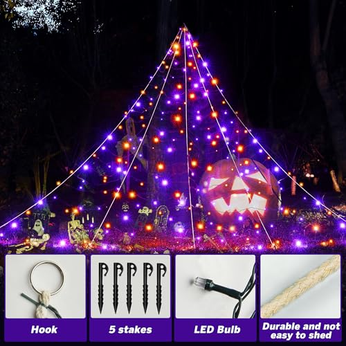 Halloween Outdoor Spider Web Decorations 19.7ft x 14.7ft Lighted Web with Purple & Orange LEDs, 8 Modes, Timer, Waterproof – White Cord Variation