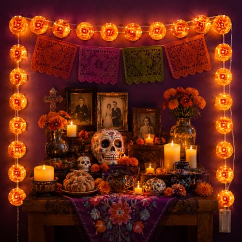 3 Pack LED Marigold Garland with Lights for Fall Halloween and Diwali Decor