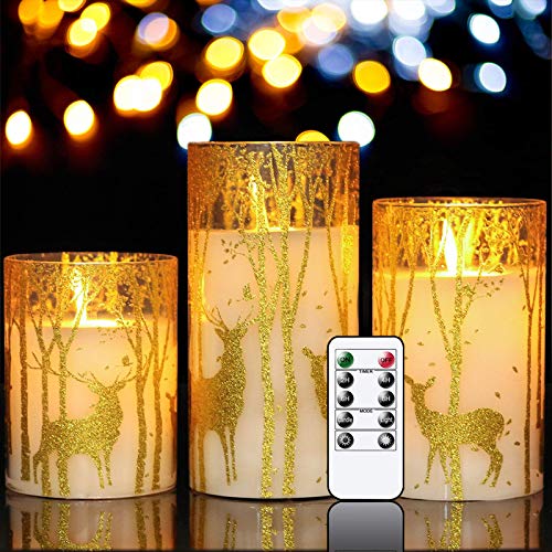 Silver Deer Flameless Glass Candles Set with Remote - Flickering LED Pillars for Christmas Home Decor