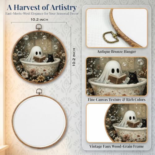 Halloween Bathroom Ghost Cat Wall Art - Round 10x10 Inches, Ghost Cat Halloween Decor - Variation 2