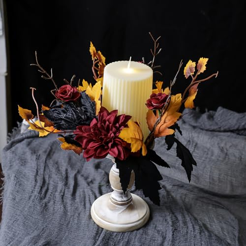 Halloween Candle Ring with Red Flowers and Maple Leaves - Fall Centerpiece Decor