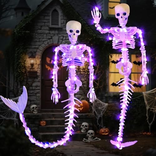 2 Pack 33-Inch Purple LED Mermaid Skeleton Halloween Decorations - Movable Posable Joints Hanging Props