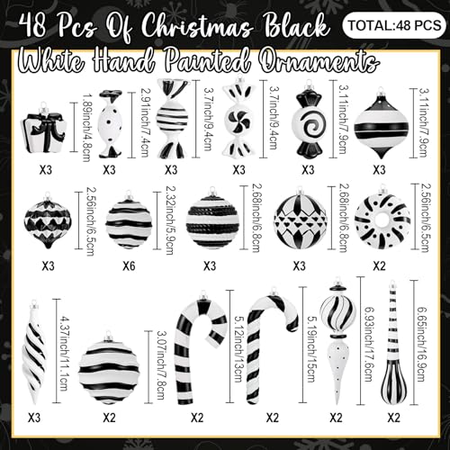 Black and White Christmas Ornaments Set of 48 Holiday Decor with Hand Painted Designs