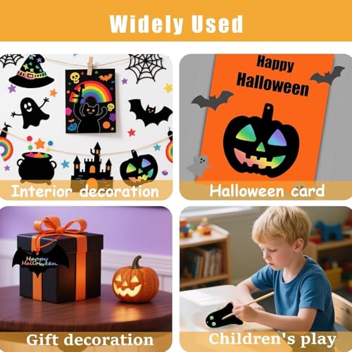 Rainbow Scratch Paper Art Set with Wooden Sticks & String - Halloween DIY Decorations (H-2)
