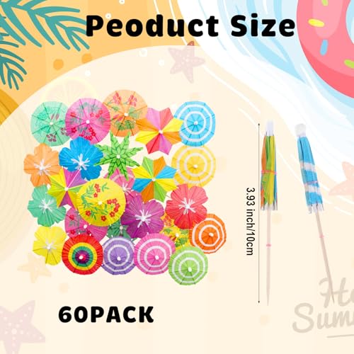 Colorful Cocktail Umbrellas 60Pcs Tropical Drink & Food Garnish Picks