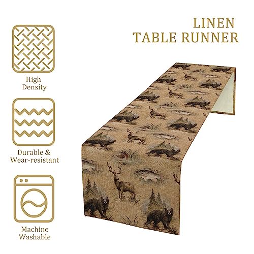 Retro Rustic Table Runner 13x120in - Moose Deer Bear Forest Design