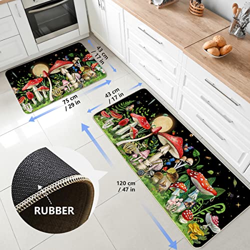 Mushroom Kitchen Rug Set of 2 - Rectangular 17x29 + 17x47 Inches, Non-Slip, Washable