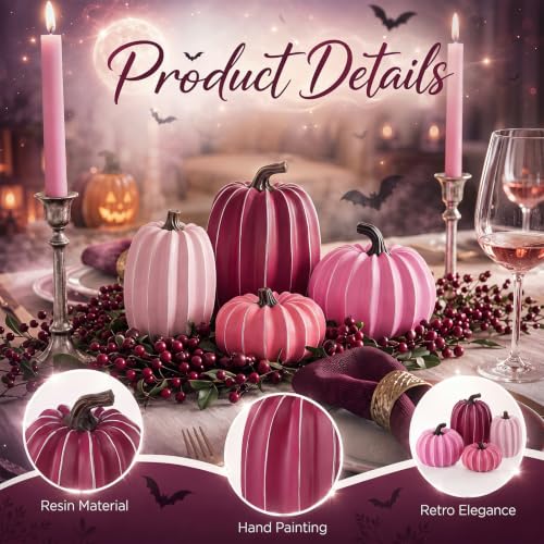 Resin Fall Pumpkin Decor Set - Pink Series, 4 Artificial Pumpkins for Thanksgiving & Halloween