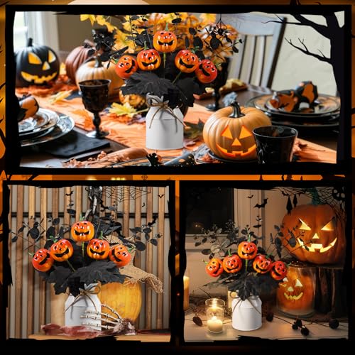 Halloween Table Centerpiece Decorations Set with Black Pumpkins & Eucalyptus - 2 Pieces