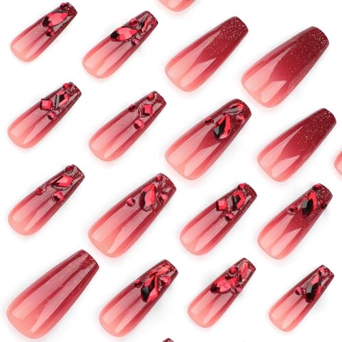 Halloween XL Red Nails Press On Long Coffin Fake Nails with Diamond Design - Red Diamond Variation