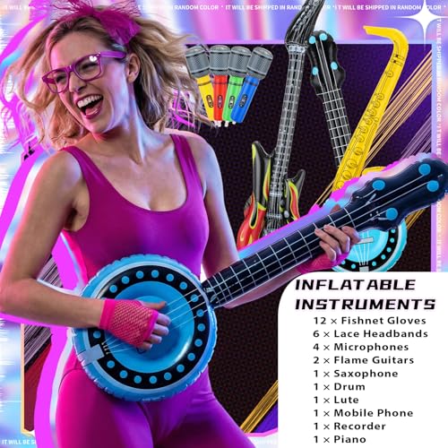 Inflatable Rock Star Toy Set with Guitars Microphones Neon Accessories for 80s 90s Party