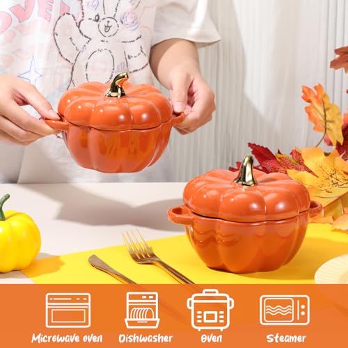 Pumpkin Ceramic Soup Bowls Set - 15 oz Orange Halloween Kitchen Tableware