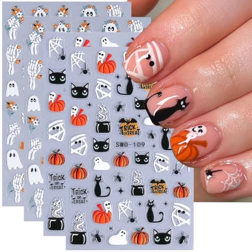 Halloween Nail Art Stickers Decals 3D Ghost Black Cat Pumpkin Spider Web - Style1