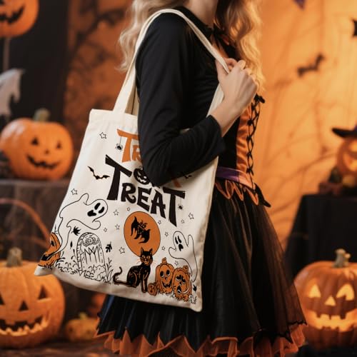 Halloween Trick Tote Bag - Reusable Canvas Ghost Candy Bag for Party & Gift