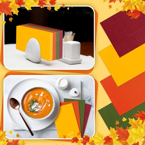 Fall Colored Paper Napkins Set - Green, Brick Red, Orange & Yellow, 120 Pack