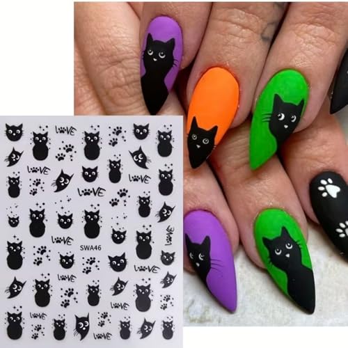 Black Cat Nail Stickers for Nail Art 5D Embossed Decals - Fish Skeleton Design, 3 Pieces