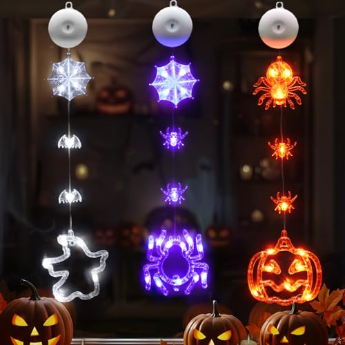 Halloween Window Lights 3 Pack Pumpkin Ghost Spider with Timer - Indoor Decor