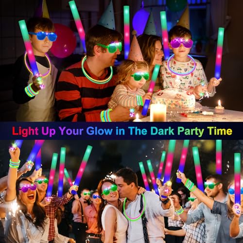 Glow in the Dark Party Supplies Set with Foam Sticks LED Glasses & Finger Lights
