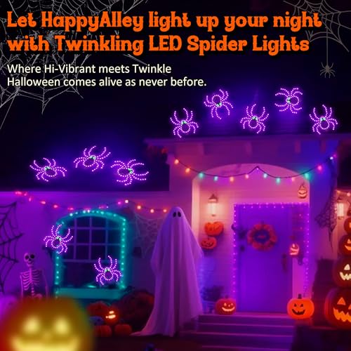 Halloween Twinkling LED Spider Lights 3 Pack - Vivid Purple & Green Outdoor Decor