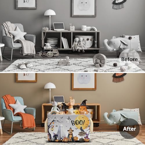 Halloween Boo Basket Pumpkin Ghost Spooky Storage Bin Grey 15x10x10 Inch - Foldable Halloween Decor & Gift Organizer