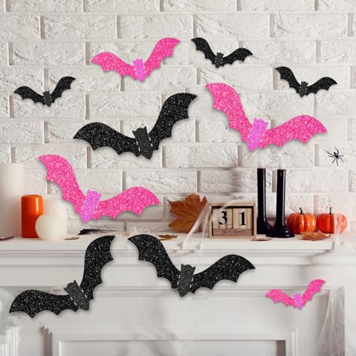 Halloween Wall Decor Bats Set - 3 Sizes Glitter Flying Bat Stickers for Party & Home