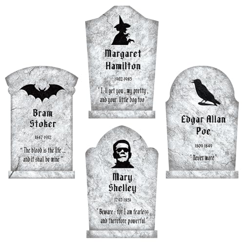 Grey Classic Haunted Tombstones Set - 4 Large Halloween Graveyard Yard Signs with Stakes