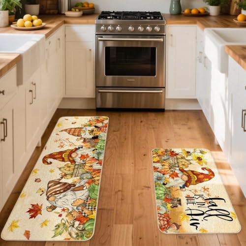 Fall Gnome Kitchen Rugs Set of 2 - 17x29 & 17x47 Inch Autumn Decor