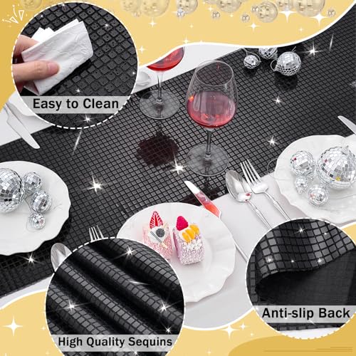 Black Disco Party Table Runners 6 Pack 12x72 Inches - Sequin & Polyester