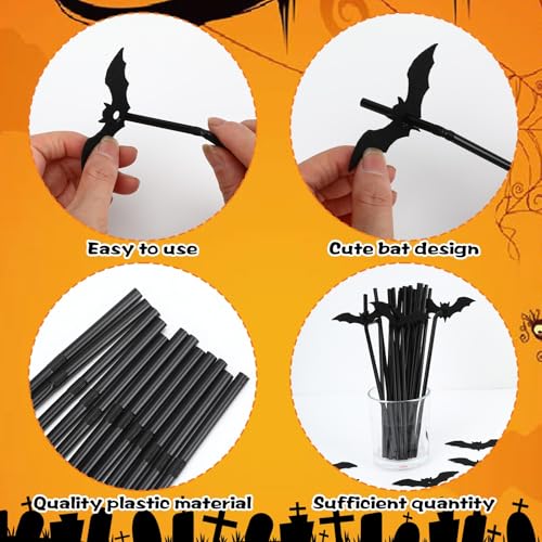 Halloween Black Glitter Bat Drinking Straws with Bat Style Toppers - 40 Pcs