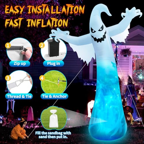 12FT Giant Halloween Inflatable Ghost with 3-Color Rotating Flame LED Lights