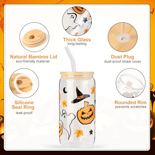 Halloween Pumpkin Ghost Glass Cup with Lid and Straw - Orange Pumpkin Variation