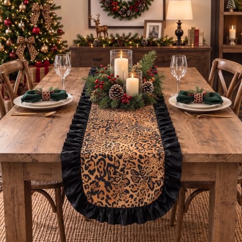 Christmas Leopard Table Runner with Black Ruffle Border - 13x72 Inches