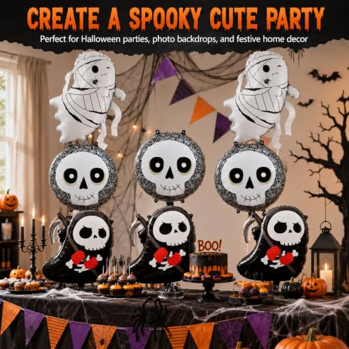 Halloween Foil Balloons Set - Mummy, Skull, Grim Reaper Decorations for Party