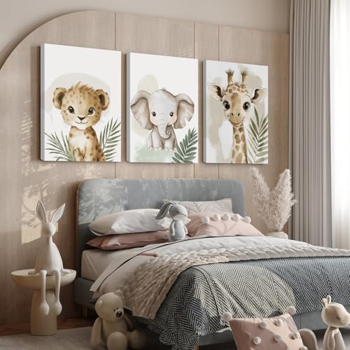 Nursery Animal Wall Art Decor Canvas Prints for Kids Room - Safari Jungle Giraffe Elephant Leaf Variation 12x16 Inch