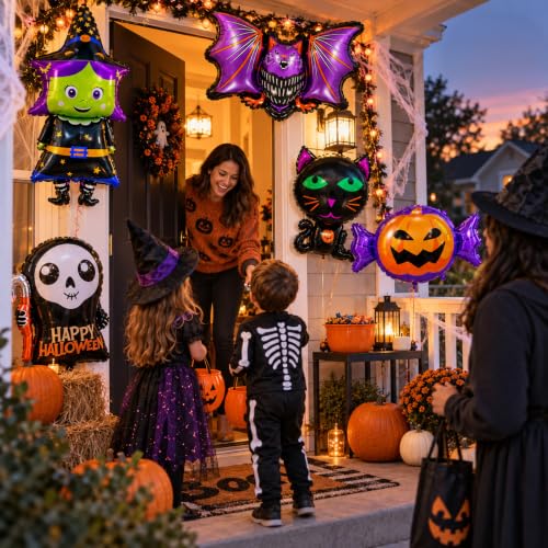 Large Halloween Foil Balloons Set - Bat, Witch, Pumpkin, Black Cat, Skeleton, Ghost & Spider Decorations