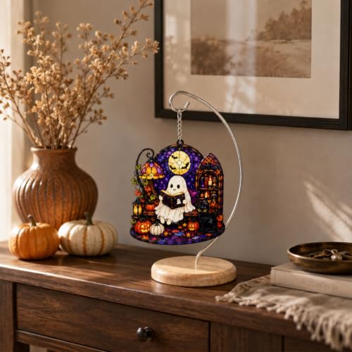 Ghost Reading Halloween Desk Ornament - Spooky Cute Ghost Decor with Stand, Indoor Holiday Gift