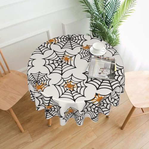 Halloween Black Spider Web Round Tablecloth 70 Inches with Gold Spiders - Spooky Party Decor